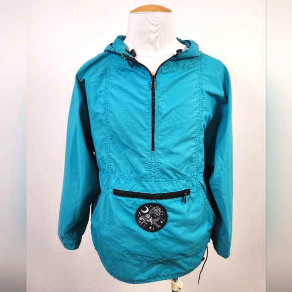 L.L Bean Mens Vintage 90s Teal Anorak Windbreaker Jacket 1/4 Zip Hooded, sz LG - Picture 1 of 14
